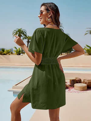Matcha green shirred waistline flutter sleeve mini dress with side slits