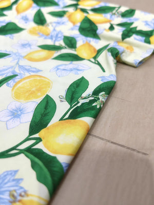 Toddler outfit set with yellow lemons and blue flowers on a light yellow background.