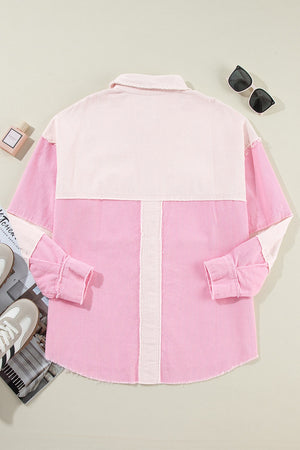 Colorblock corduroy shacket in blush pink with raw edges and buttoned cuffs.