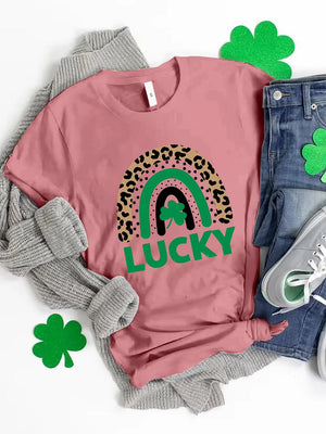 Dusty pink t-shirt with leopard print rainbow graphic and LUCKY text.