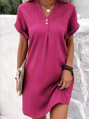 Full Size Casual V-neck Short Sleeve Dress in Silver, editorial view