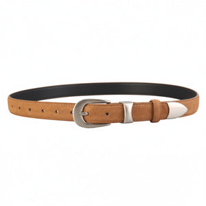 Brown cowhide leather belt with silver buckle and tip detail