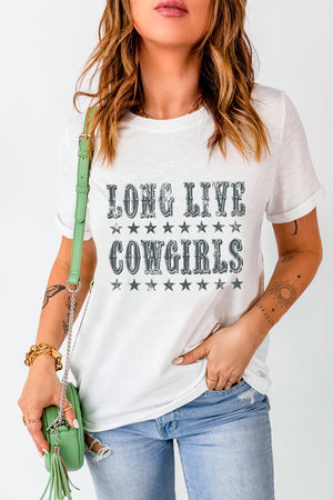 White crew neck t-shirt with "Long Live Cowgirls" graphic and stars.