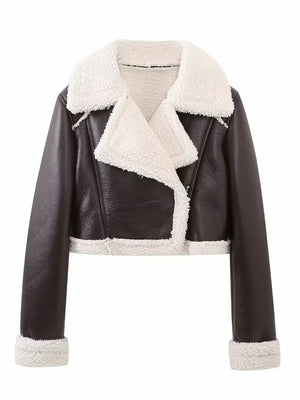 Cropped aviator jacket in brown with white shearling trim and collar.