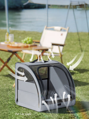 Gray travel-friendly pet carrier with mesh panels and airflow arrows, suitable for air travel.