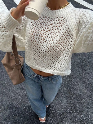 Crochet Knit Raglan Sleeve Sweater in White, close-up detail