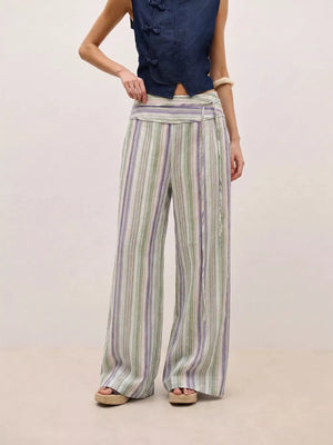 Striped Wide-leg Pants With Tie Waist in Blue, product detail