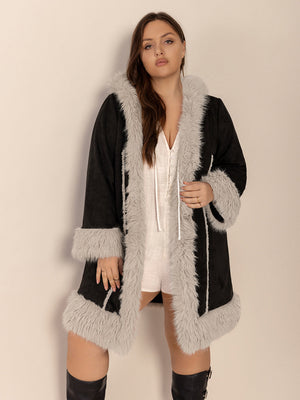 Black hooded duster coat with faux shearling trim and cuffs.