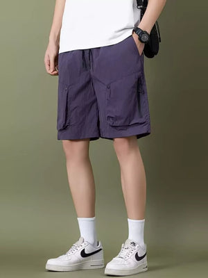 Purple lightweight cargo shorts with drawstring and zipper pockets.