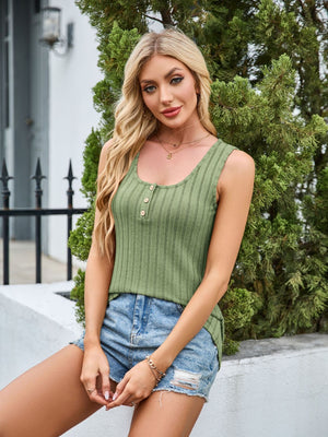 Ribbed button-front tank top in Matcha Green with a scoop neckline.