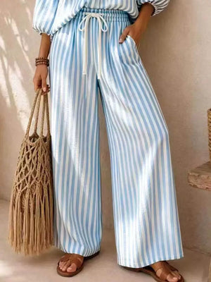 Striped Puff Sleeve Shirt And Wide-leg Pants Set in Khaki, view 12