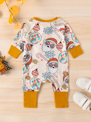 Baby one-piece with playful Santa, disco ball, and candy cane holiday print.