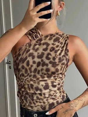Asymmetrical neck ruched bodysuit in leopard print with gathered detail.