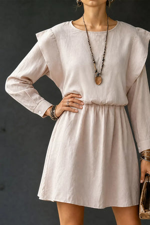 Ruffled Round Neck Long Sleeve Dress in Eggshell, back view
