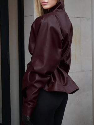 Stand Collar Belted Faux Leather Jacket in Wine Red, model styling view