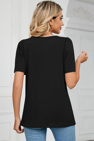 Black tee with square neck and sculpted short sleeves.