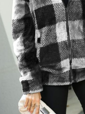 Luxe plaid sherpa zip-up jacket in charcoal with a collared neckline.
