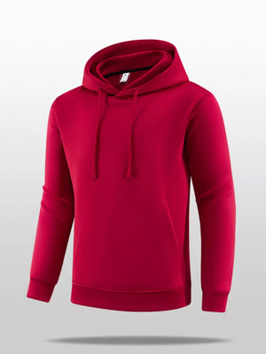Deep Red cotton blend hoodie with drawstring and kangaroo pocket.