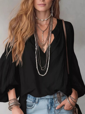 Notched Balloon Sleeve Blouse in Black, fabric detail