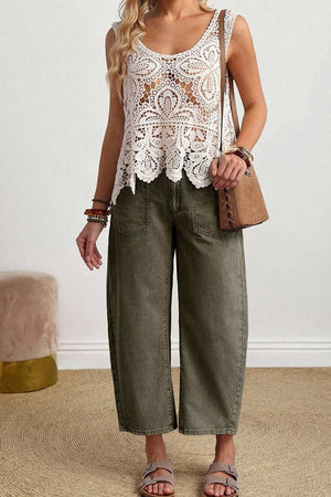 Four Leaf Clover Solid Color Ankle Jeans in Army Green, fit detail