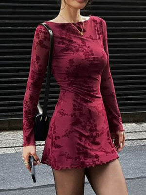 Burgundy floral mesh bodycon mini dress with long sleeves and lettuce hem.