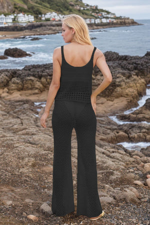 Black open-knit crochet tank and wide-leg trouser set with a scoop neck and breathable fabric.