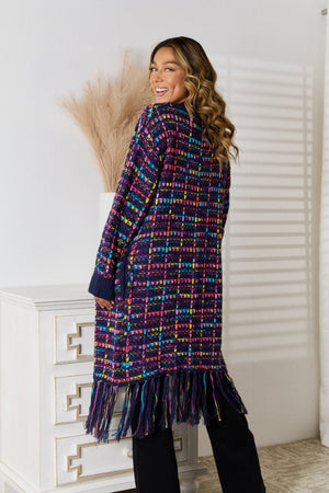 Multicolor textured bouclé maxi cardigan with fringe hem and long sleeves.