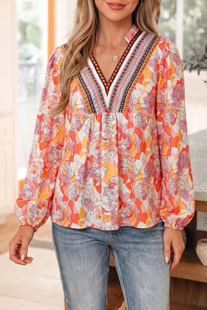 Floral Print V Neck Long Sleeve Blouse, side view