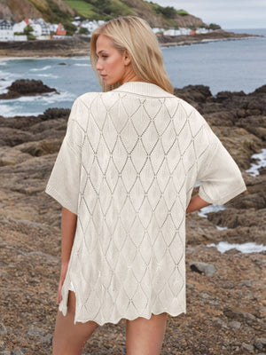 Cream diamond knit collared cardigan shirt with short sleeves and a relaxed fit.