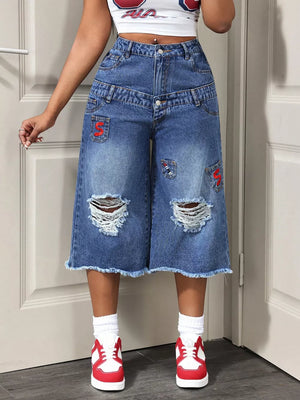 Distressed Wide-leg Denim Capris, model styling view