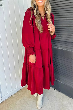 Solid Color Ruffle Trim Tiered Midi Dress, back view
