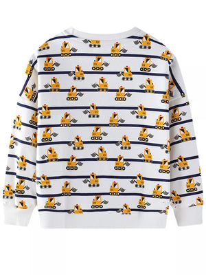 Baby sweatshirt in ivory with excavator print and navy stripes, crew neck, long sleeves.