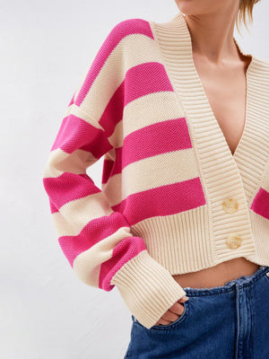 Cropped pink and cream stripe knit cardigan with button front and V-neck