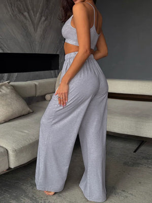 Light gray scoop neck cami and wide-leg pants set with spaghetti straps.