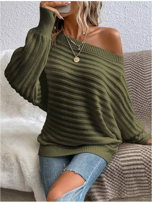 Army green ribbed knit one-shoulder sweater with balloon sleeves.