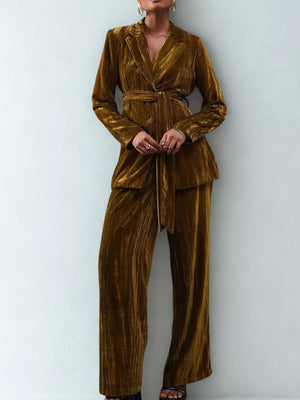 Velvet belted blazer and wide-leg trousers ensemble in Tan.
