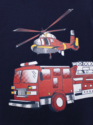 Navy cotton blend crew neck t-shirt with red fire truck and helicopter graphic.