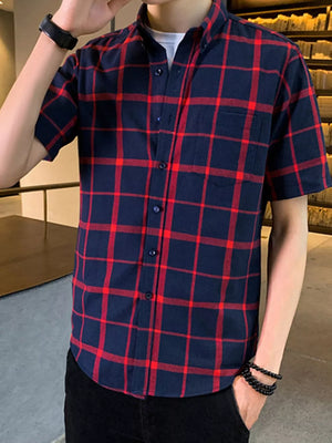 Men's blue and red plaid short sleeve button-down shirt with chest pocket