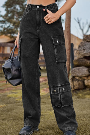 Black denim cargo pants with relaxed wide legs and multiple utility pockets.