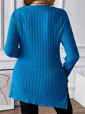 Ribbed knit tunic in Royal Blue with long sleeves and a square neckline, shown from the back.