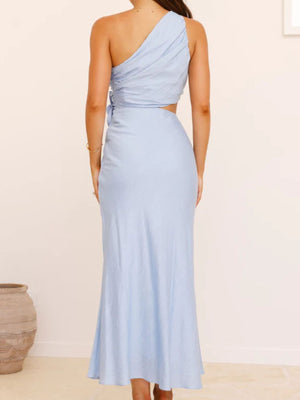 Blue one-shoulder maxi dress with cutout and tie detail