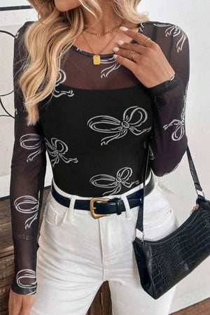 Black mesh bodysuit with white bow print, long sleeves, and a square neckline.