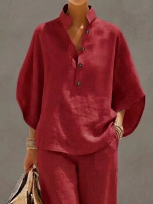 Burgundy button-down loungewear set with a mandarin collar and wide sleeves.