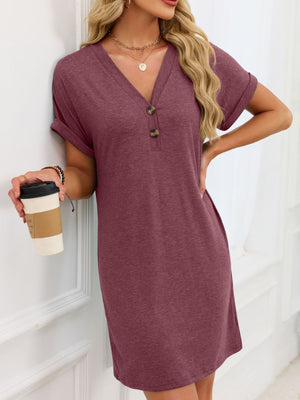 Wine Red V-neck t-shirt dress with decorative buttons and cuffed short sleeves.