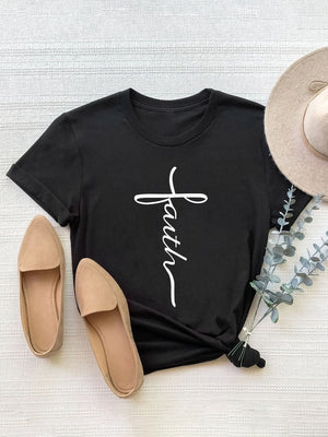 Black t-shirt with white script "faith" graphic, crew neck, short sleeves.
