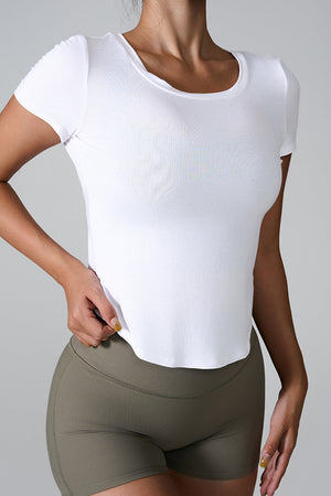 White short sleeve active tee with scoop neck and subtle ribbed texture.