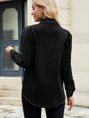 Black denim blouse with ruffled puff sleeves and button cuffs