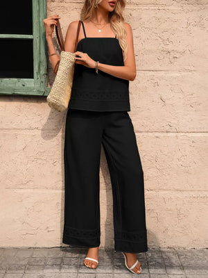 Black cami and wide-leg pants set with lace trim detail