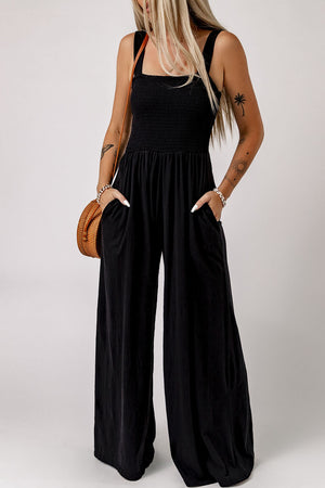 Black smocked square neck wide leg jumpsuit with pockets