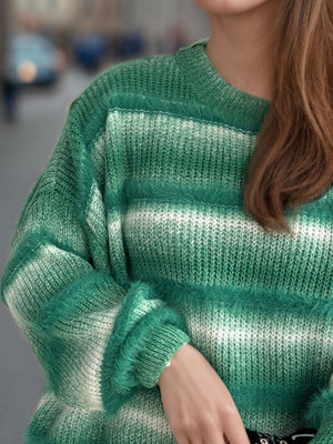 Ombre stripe fluffy knit crewneck jumper in green and white with fuzzy accents.